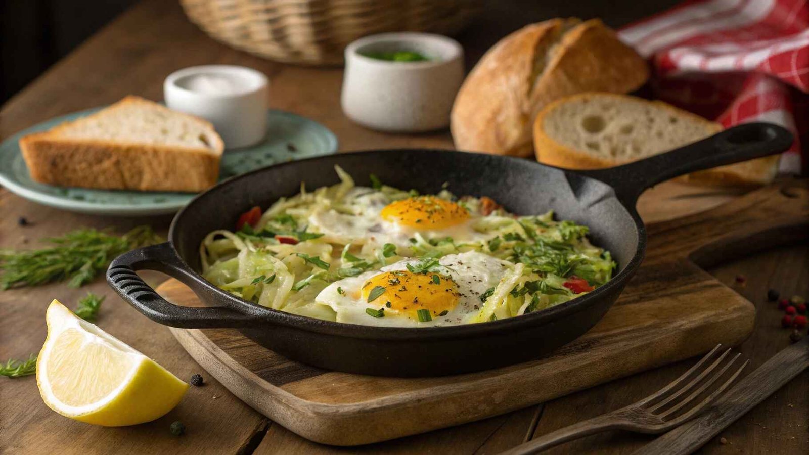 Delicious cabbage and egg recipe served in a skillet with toast and fresh herbs.
