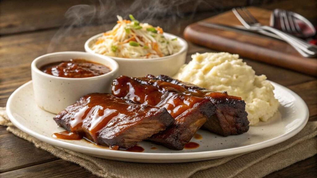 Juicy Boneless Beef Ribs Recipe – Tender, flavorful ribs glazed with BBQ sauce and served with mashed potatoes and coleslaw.