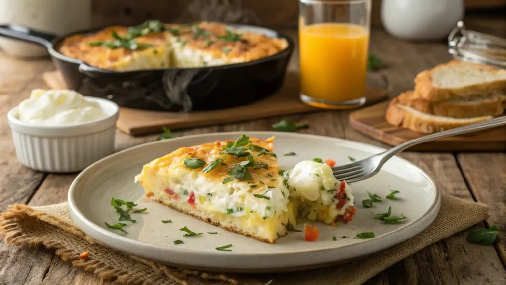 Fluffy Egg Bake served on a plate with melted cheese and fresh herbs, showcasing its light and airy texture.