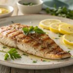 This Is Why Red Fish Recipes Are So Popular 11 A grilled redfish fillet with crispy skin, drizzled with garlic butter, garnished with fresh parsley and lemon wedges, served on a rustic plate.