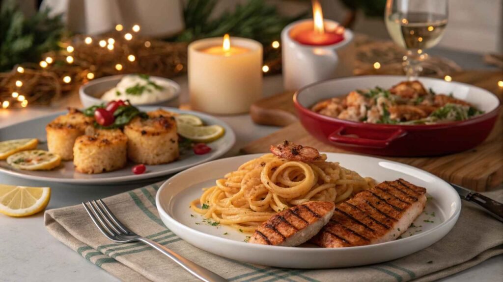 Seven Fishes Recipes feast with a variety of seafood dishes on a festive holiday table.