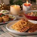 Seven Fishes Recipes feast with a variety of seafood dishes on a festive holiday table.