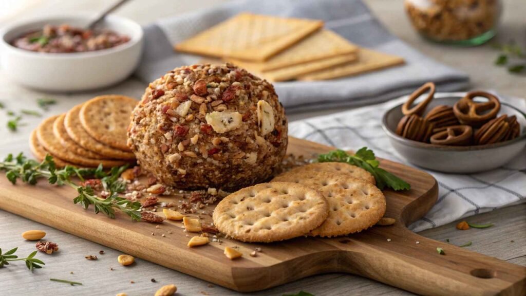 Delicious Dried Beef Cheese Ball recipe served with crackers and garnished with fresh herbs.