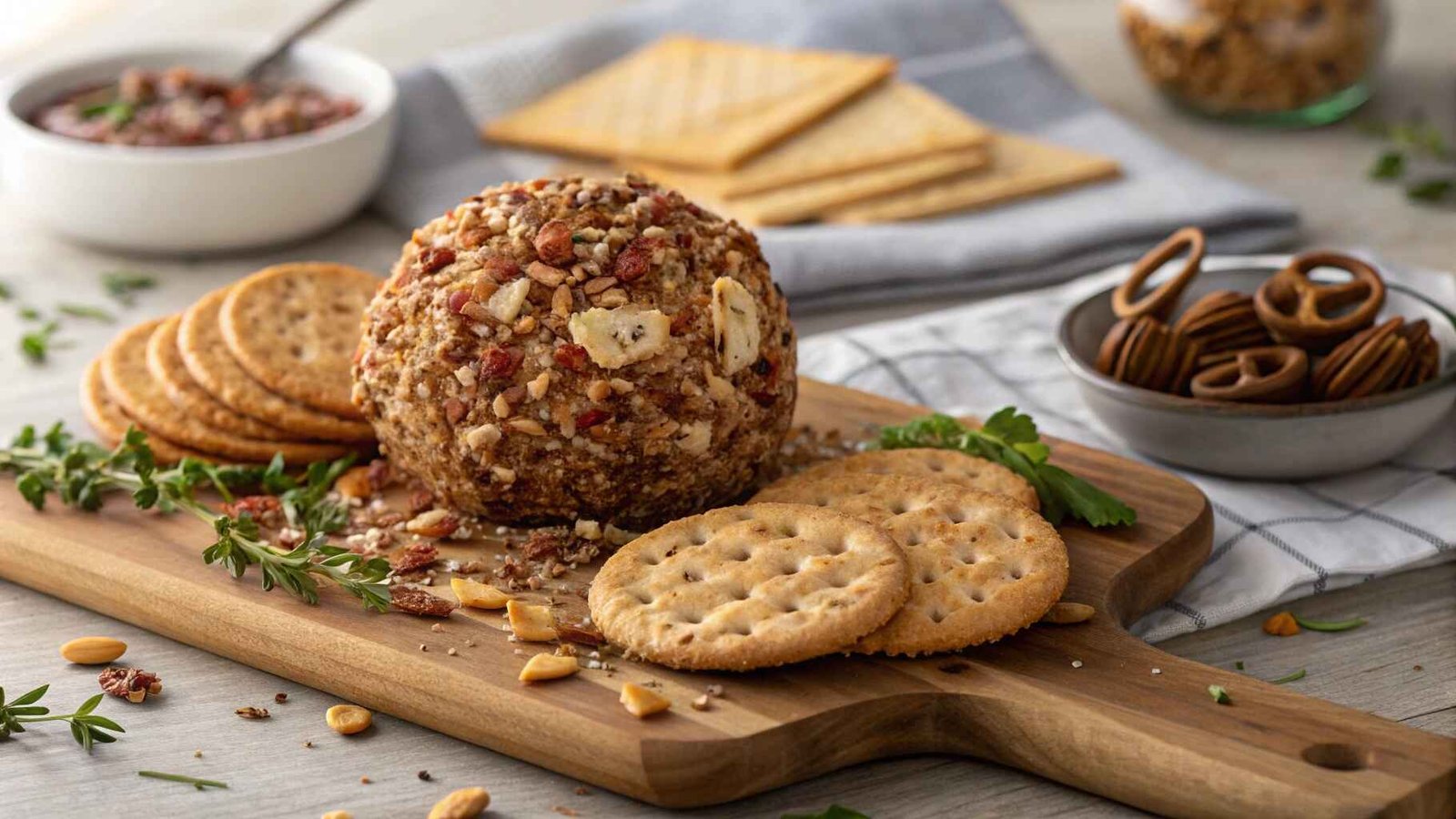 Delicious Dried Beef Cheese Ball recipe served with crackers and garnished with fresh herbs.