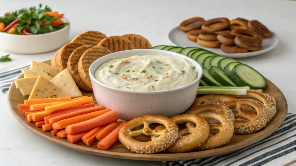 This Is How to Make the Best Creamy Bagel Dip 9 A party platter with creamy bagel dip, bagels, crackers, and veggies