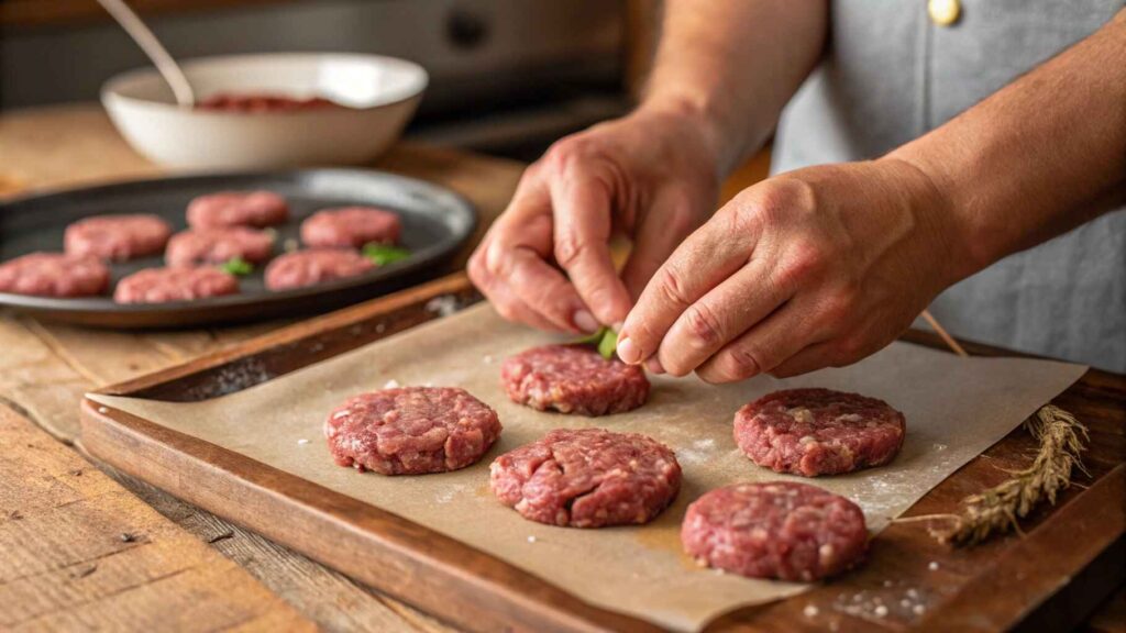 This Is How to Make Irresistibly Juicy Sliders 7 Hands shaping raw beef into perfect Juicy Sliders patties.