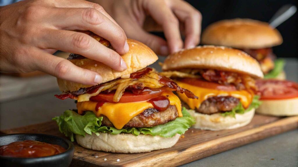 This Is How to Make Irresistibly Juicy Sliders 9 Hands assembling the perfect Juicy Sliders with cheese, bacon, and fresh toppings.