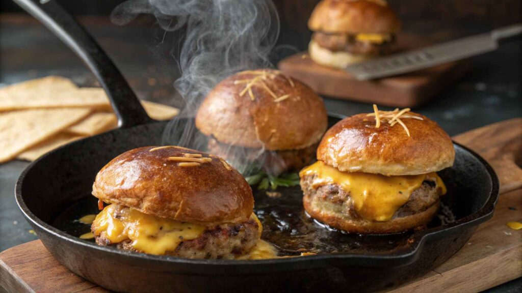 This Is How to Make Irresistibly Juicy Sliders 8 Juicy Sliders cooking on a cast iron skillet with melted cheese.