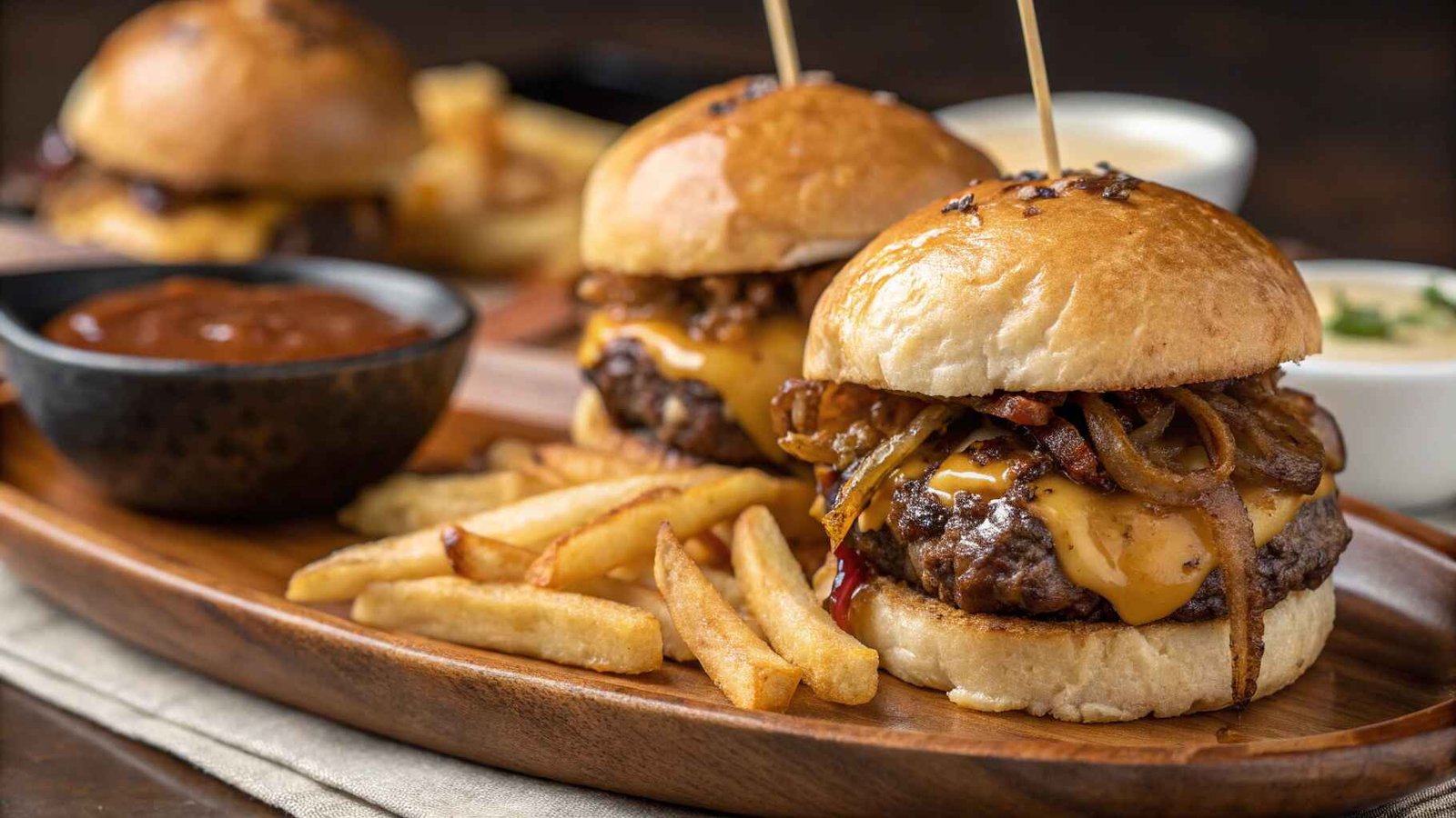 Juicy Sliders served on a wooden plate with melted cheese, crispy fries, and dipping sauce.