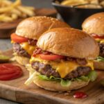 This Is How to Make Irresistibly Juicy Sliders 11 Juicy sliders with melted cheese, lettuce, and tomato on toasted buns, served on a wooden board with fries and ketchup.