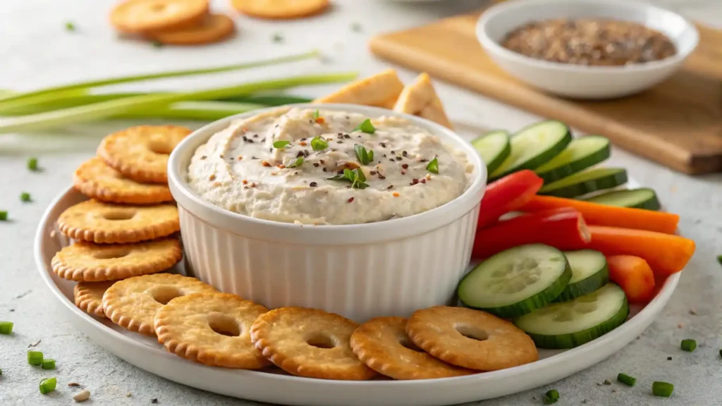 how to make the best creamy bagel dip garnished with chives and everything bagel seasoning, surrounded by bagels and crackers.