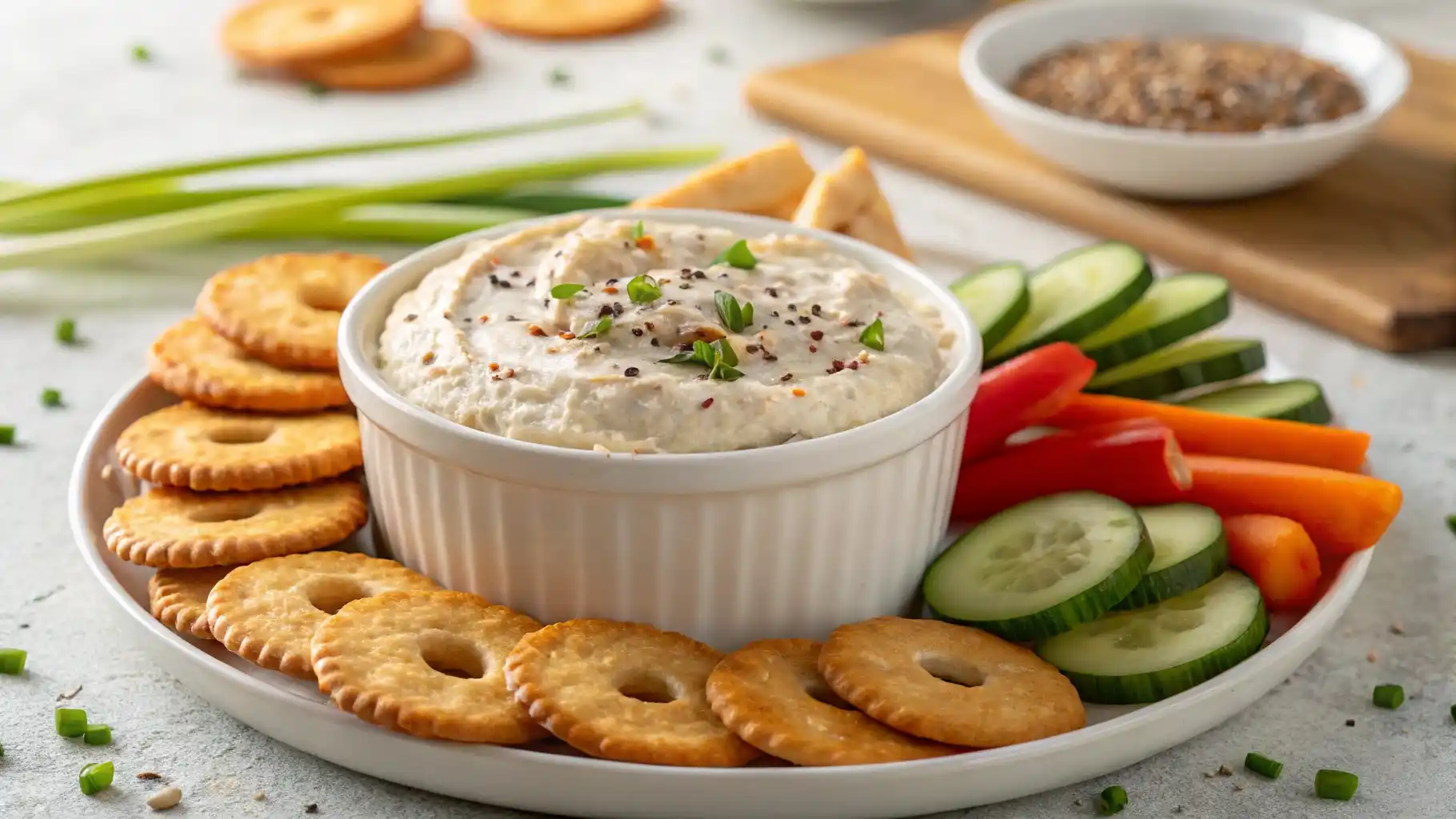 how to make the best creamy bagel dip garnished with chives and everything bagel seasoning, surrounded by bagels and crackers.