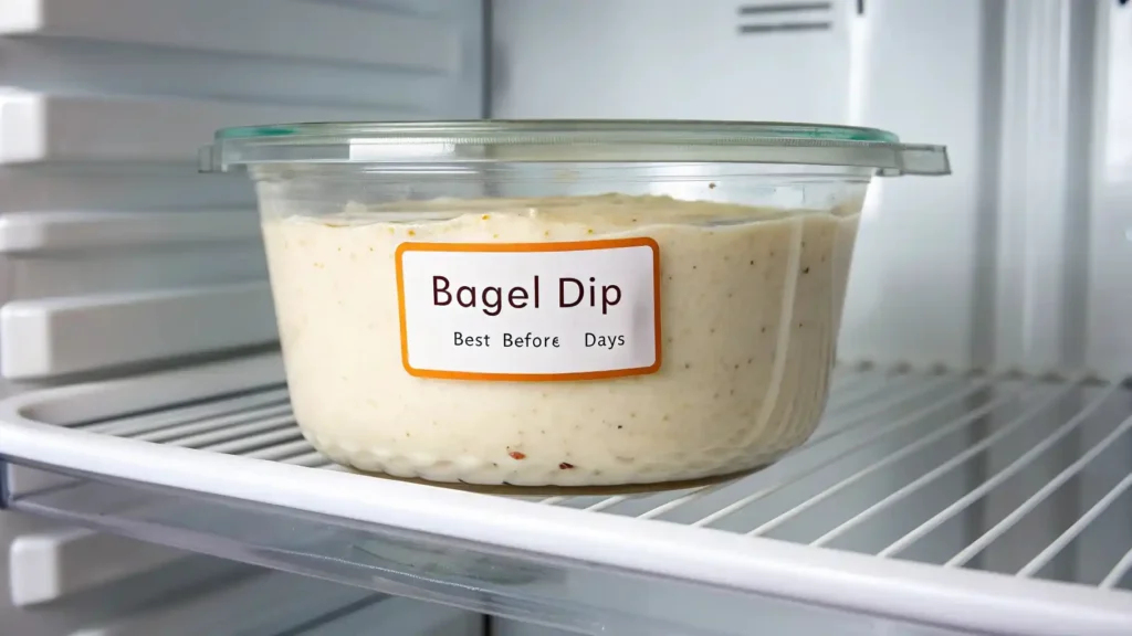 This Is How to Make the Best Creamy Bagel Dip 10 A sealed container of creamy bagel dip stored in the fridge