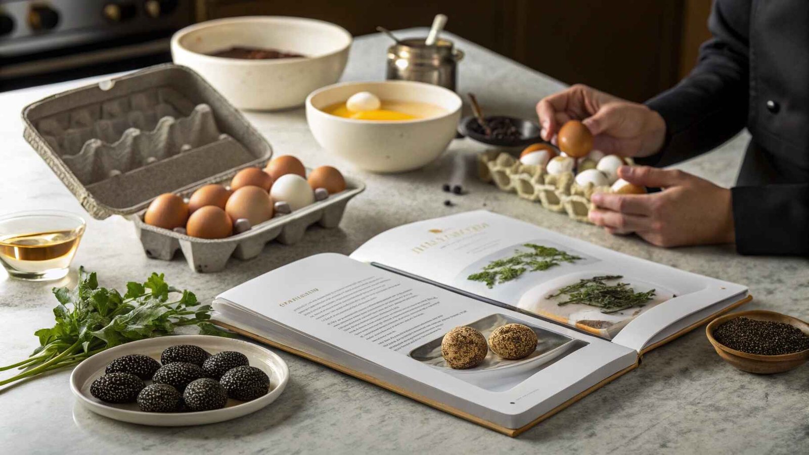 Posh Eggs Recipe Book displayed on a countertop with gourmet ingredients and elegant egg dishes.