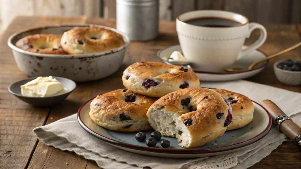 Freshly baked fluffy blueberry bagels on a plate with coffee and cream cheese.