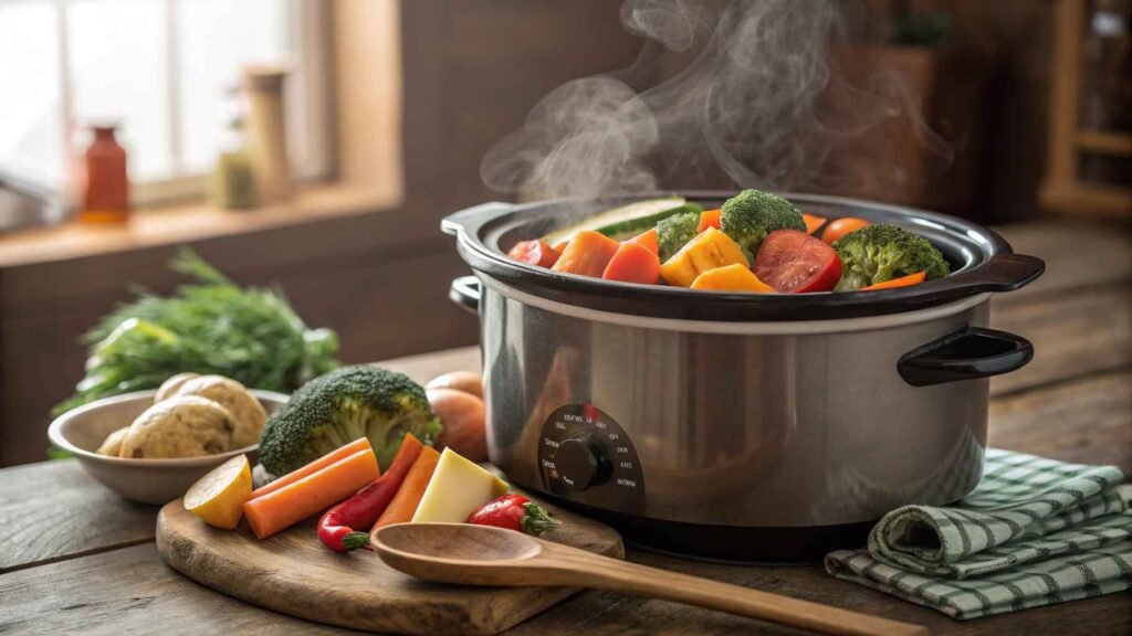 Crockpot Vegetable Cooking Guide – A slow cooker filled with fresh, colorful vegetables.