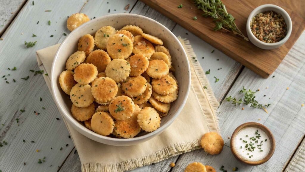 Ranch Oyster Crackers in a bowl, seasoned with ranch and herbs, on a wooden table.