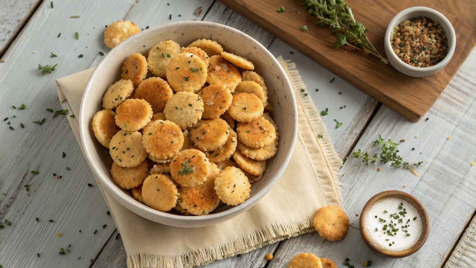 Ranch Oyster Crackers in a bowl, seasoned with ranch and herbs, on a wooden table.
