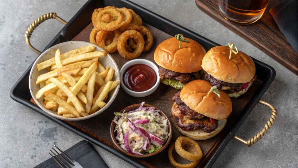 This Is How to Make Irresistibly Juicy Sliders 10 Juicy Sliders with crispy fries, onion rings, and coleslaw.