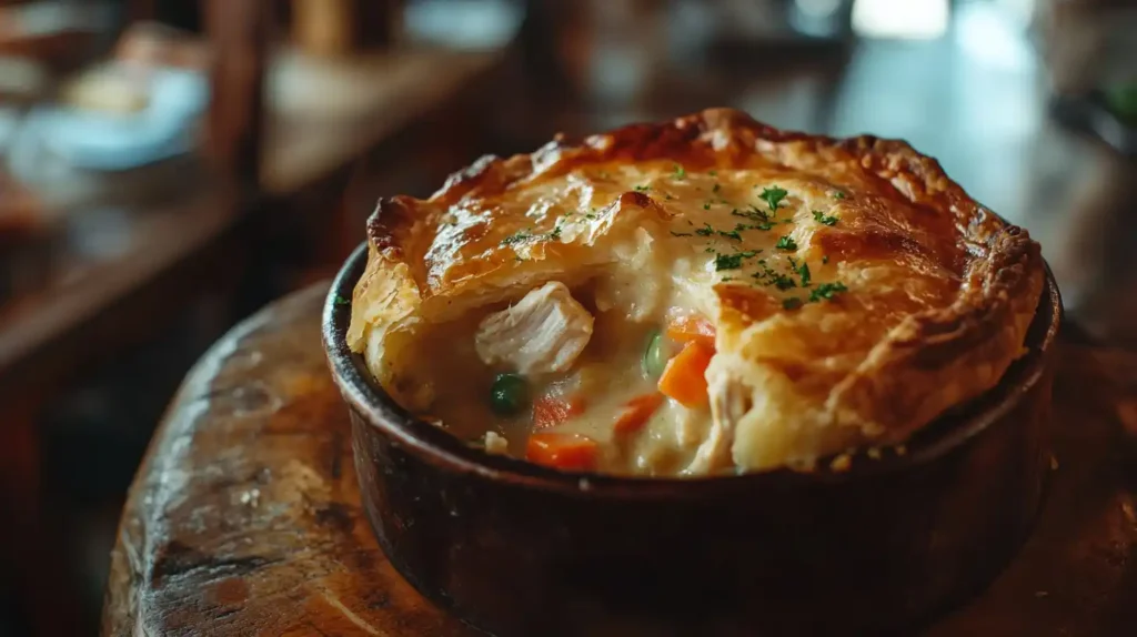 Golden and flaky homemade chicken pot pie with a slice cut out, revealing creamy filling with chicken and vegetables