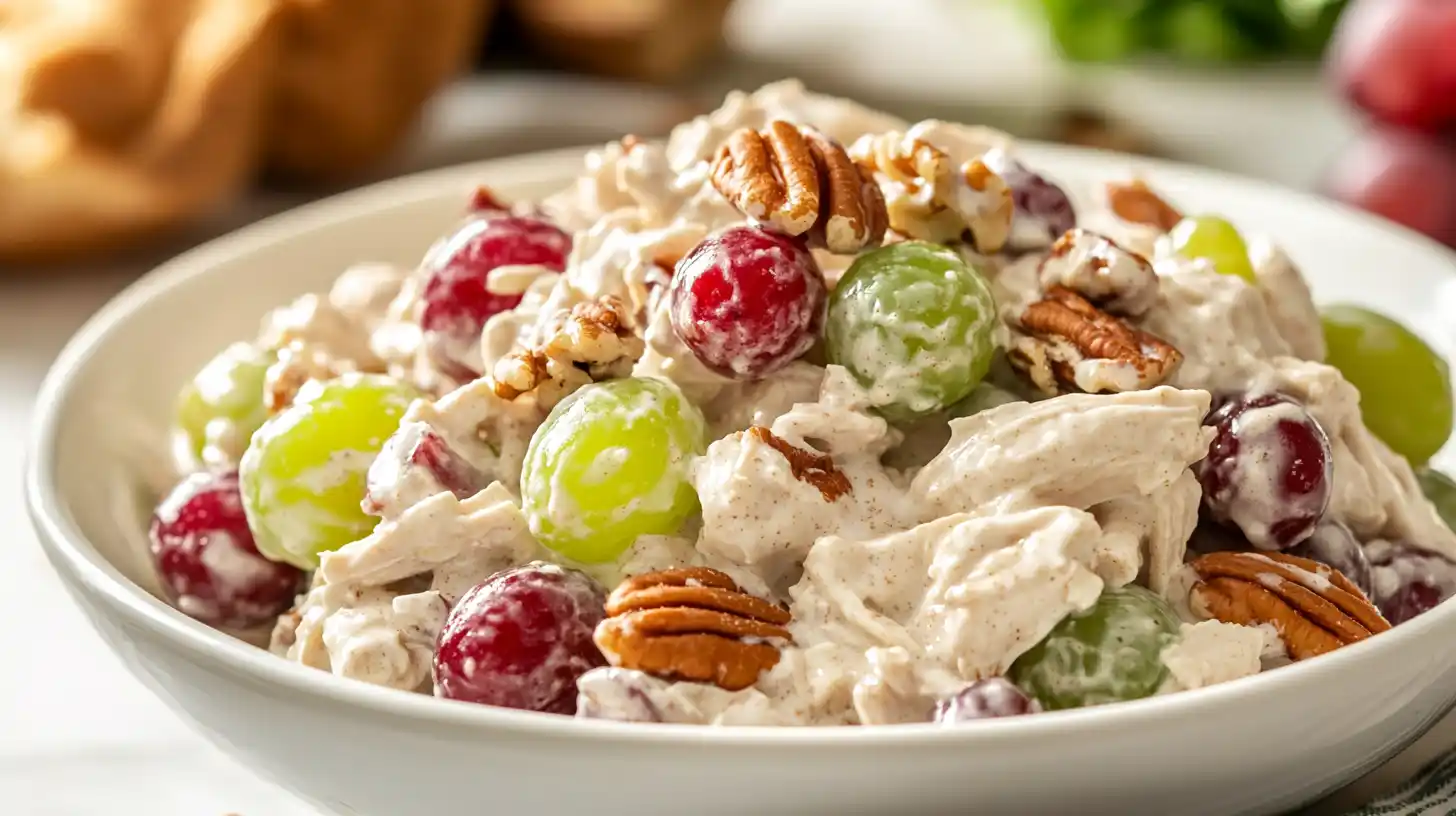 A creamy grape salad with pecans and brown sugar in a white bowl, set in a bright kitchen.
