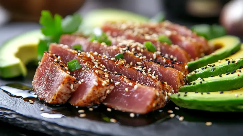 Perfectly seared ahi tuna slices on a black slate plate, garnished with sesame seeds, avocado, and soy sauce.