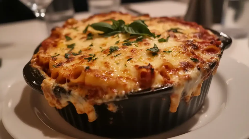Freshly baked meatless baked ziti with golden cheese, served on a white plate with basil garnish.