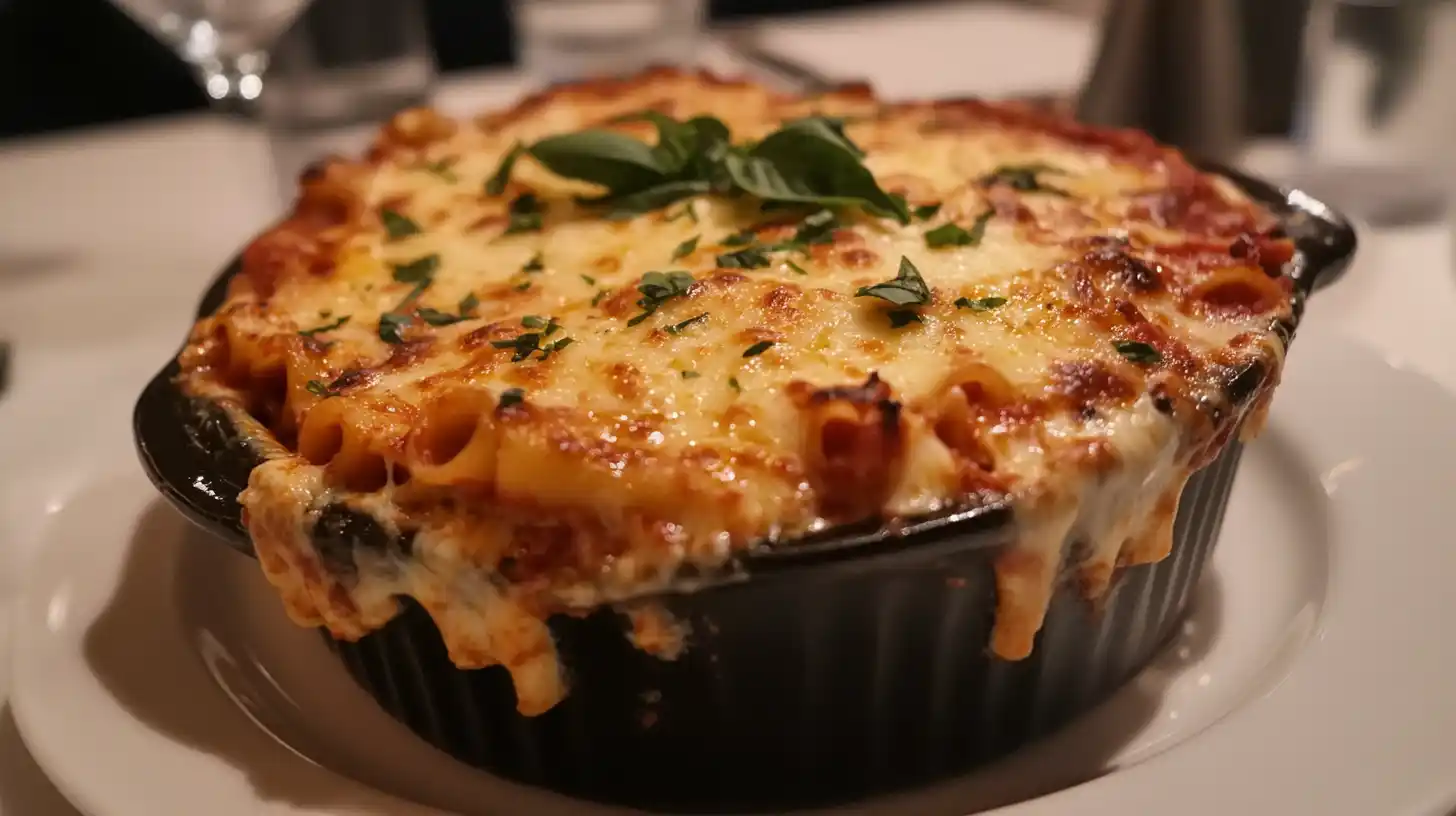 Freshly baked meatless baked ziti with golden cheese, served on a white plate with basil garnish.