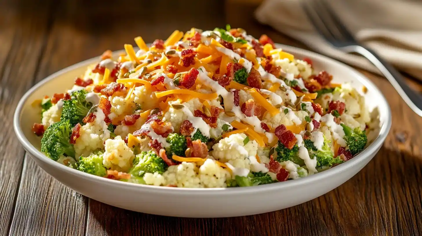 A fresh broccoli cauliflower salad with cheese, bacon, and sunflower seeds served in a white bowl with a fork on the side.