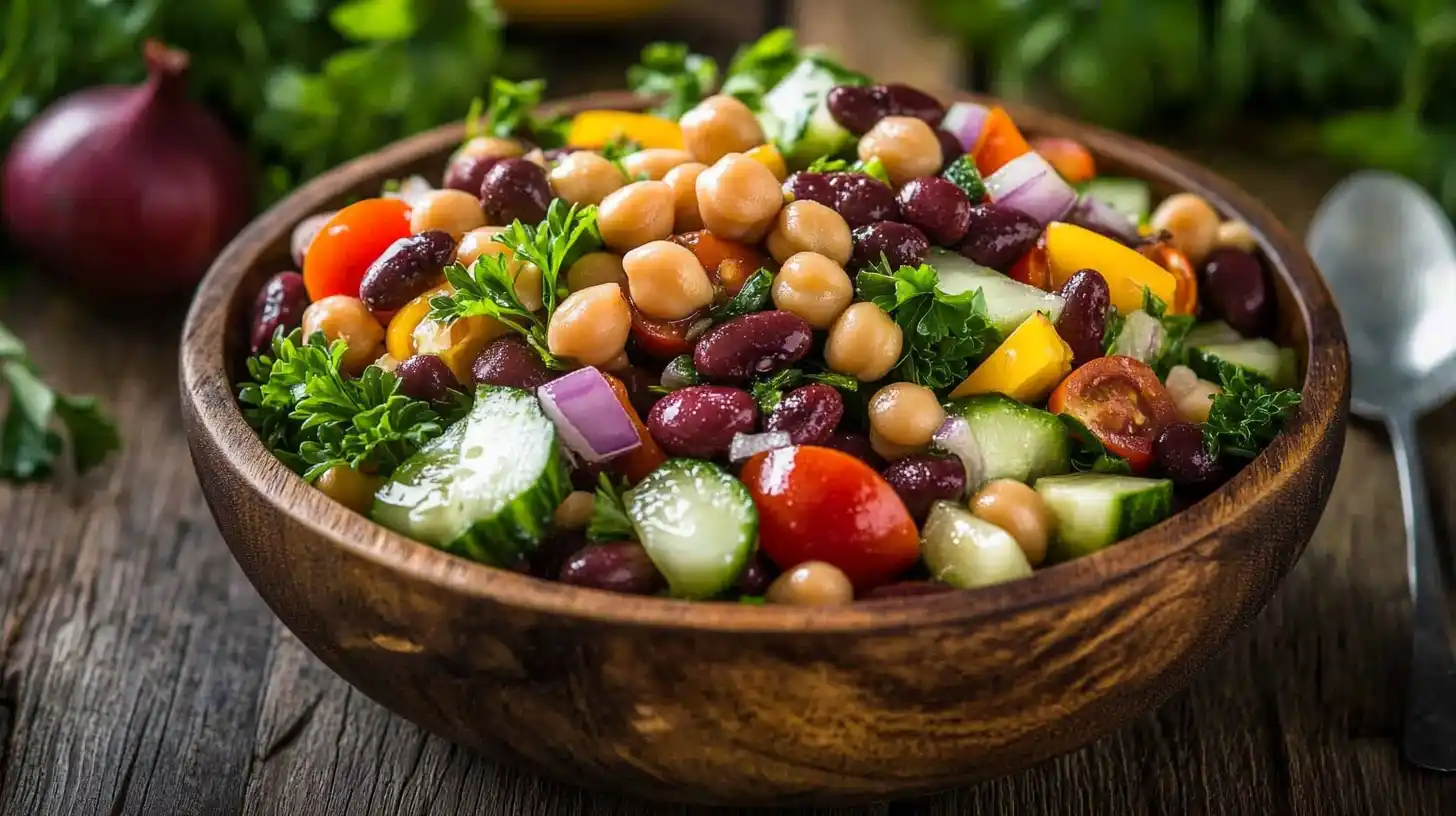 A vibrant dense bean salad in a wooden bowl, garnished with fresh herbs and drizzled with lemon dressing