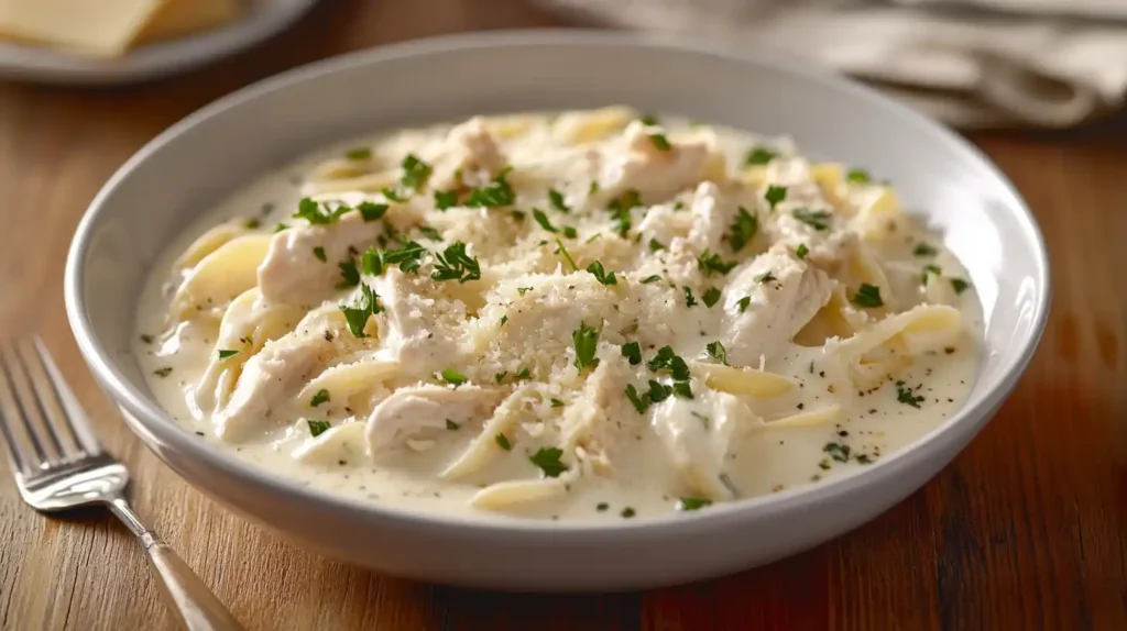 A plate of creamy Chicken Alfredo in a Crock Pot, garnished with fresh parsley and Parmesan, served on a rustic wooden table