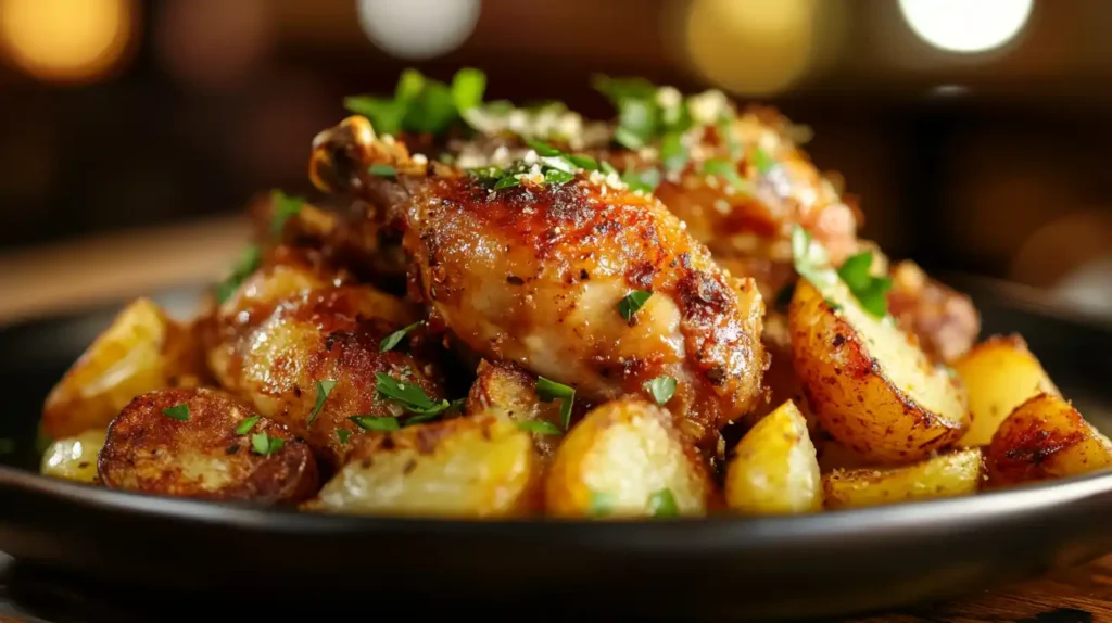 Best Chicken and Potatoes Recipe – A perfectly roasted, golden dish with crispy chicken and flavorful potatoes, garnished with fresh herbs