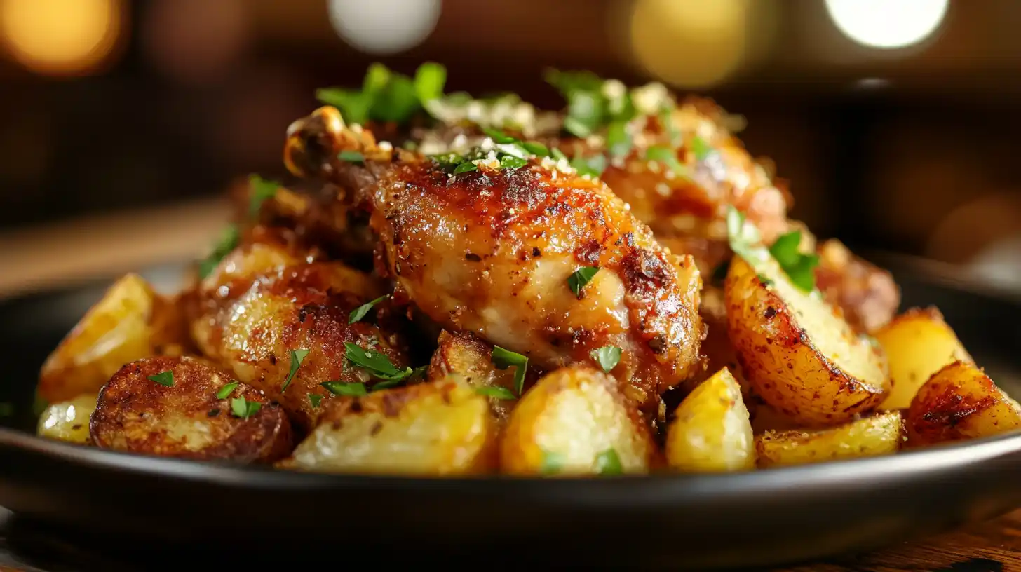 Best Chicken and Potatoes Recipe – A perfectly roasted, golden dish with crispy chicken and flavorful potatoes, garnished with fresh herbs