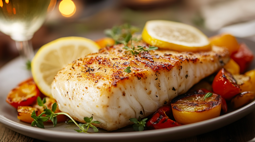 Grilled wahoo fish fillet served with roasted vegetables and lemon slices on a wooden plate.