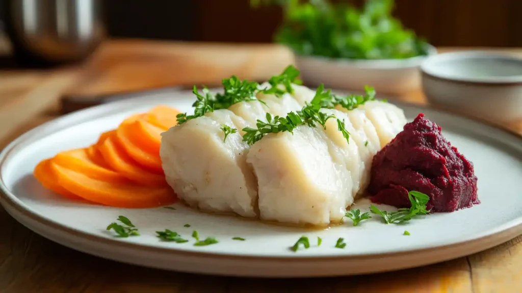 Homemade gefilte fish served with beet horseradish and carrot slices on a white plate, garnished with parsley.