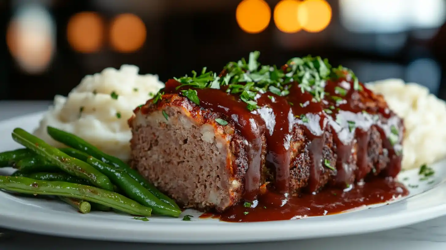 A juicy meatloaf with Lipton Onion Soup Mix, sliced and served with mashed potatoes and green beans.