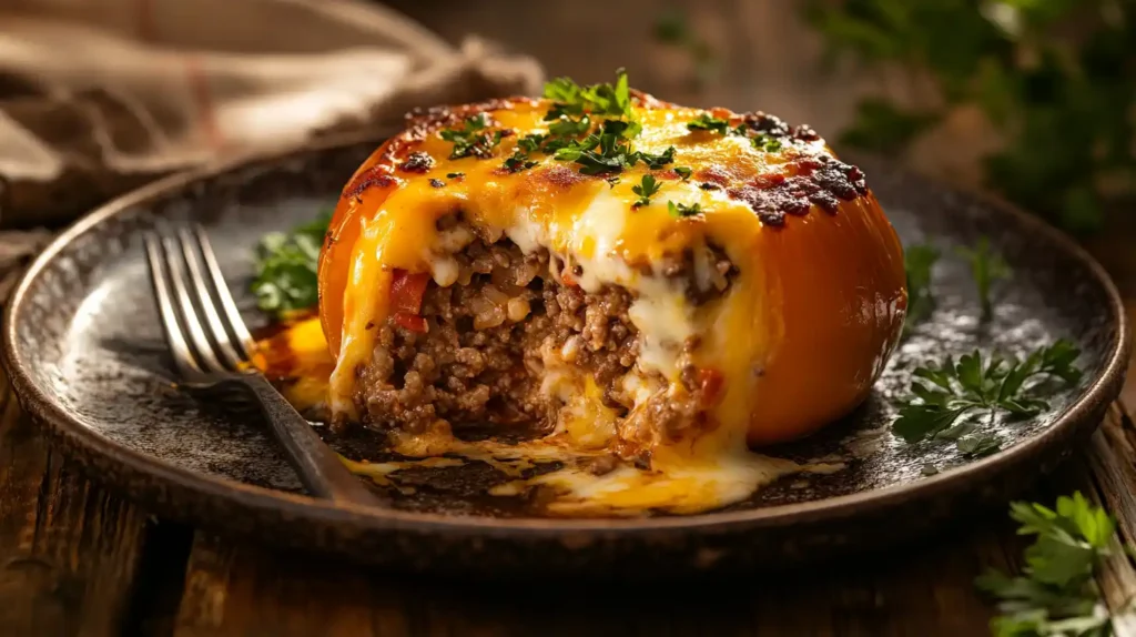 A plated old-fashioned stuffed bell pepper, cut open with juicy filling, cheese, and fresh parsley.