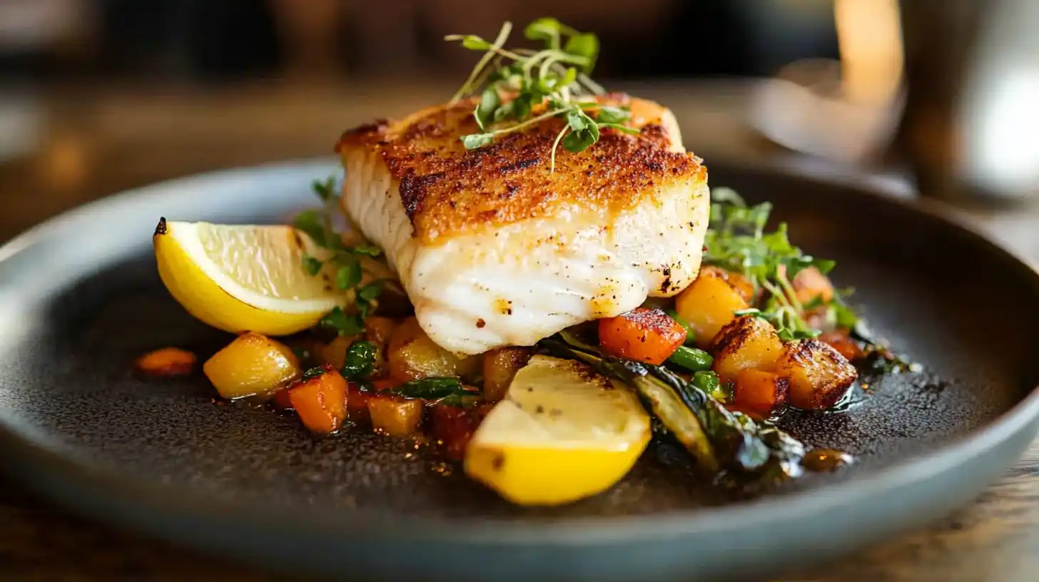 A golden, crispy pollock fish fillet plated with fresh herbs, lemon wedges, and vegetables on a wooden table
