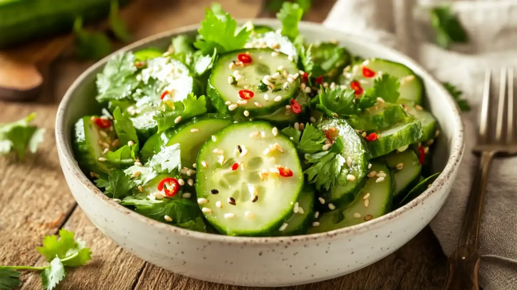 A vibrant, freshly made cucumber salad in a white ceramic bowl, garnished with sesame seeds and herbs, placed on a wooden table.