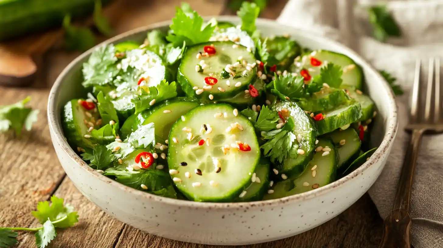 A vibrant, freshly made cucumber salad in a white ceramic bowl, garnished with sesame seeds and herbs, placed on a wooden table.