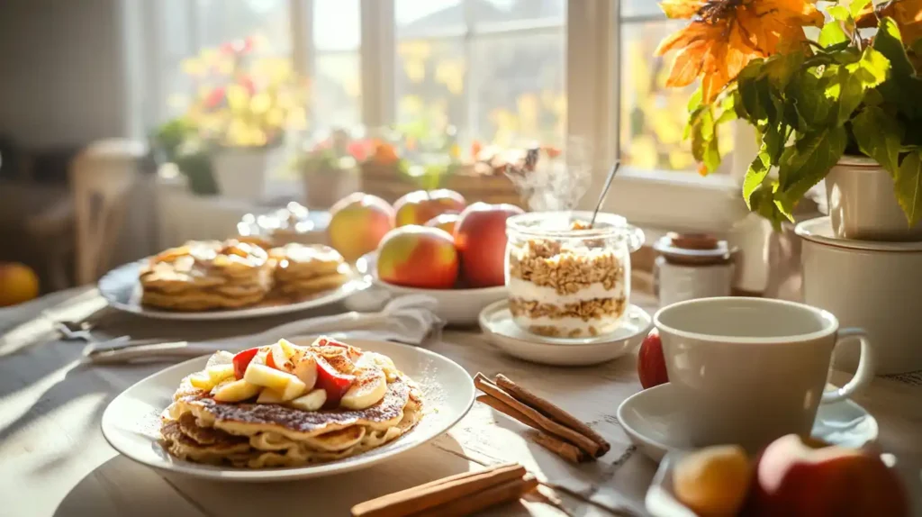A delicious spread of apple breakfast recipes, including oatmeal, pancakes, and parfaits, displayed on a cozy fall-themed table.