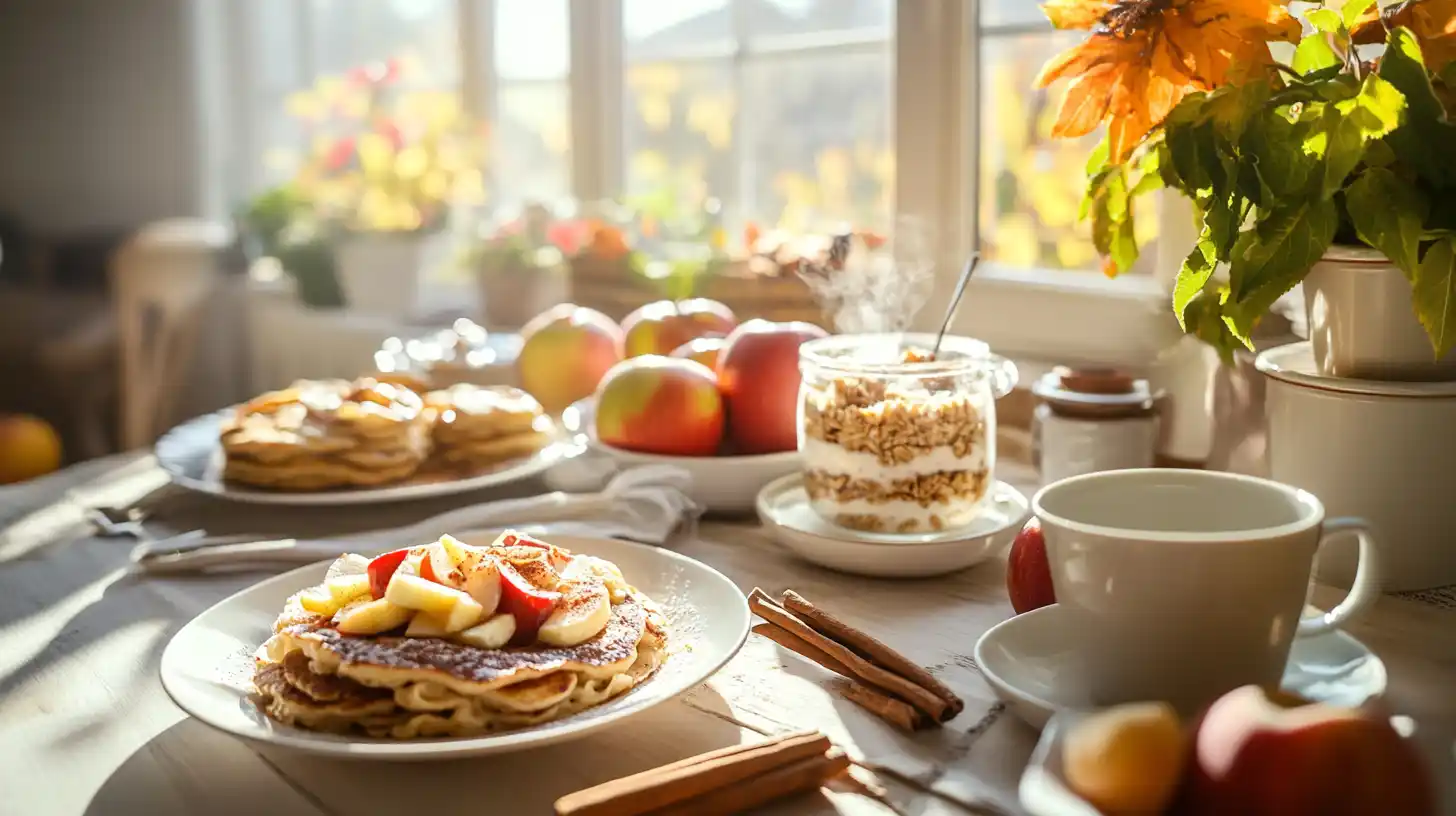 A delicious spread of apple breakfast recipes, including oatmeal, pancakes, and parfaits, displayed on a cozy fall-themed table.