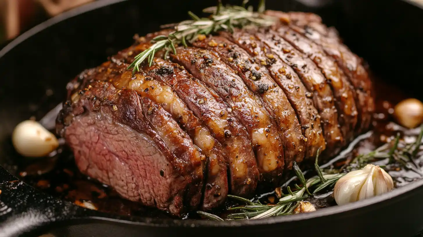 Beef shoulder roast searing in a cast iron pan with garlic and rosemary.