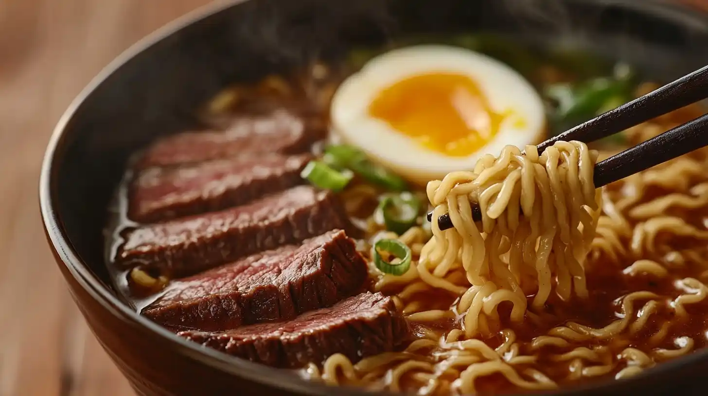 A delicious bowl of beef ramen with tender beef slices, soft-boiled egg, and fresh toppings.