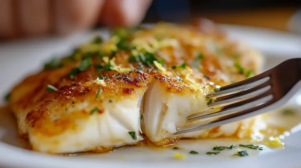 The Best Pollock Fish Recipes: Simple, Flavorful, and Healthy 6 Best Pollock Fish Recipes. Crispy baked pollock fillet with golden breadcrumbs, garnished with fresh herbs and lemon zest, served on a white plate.