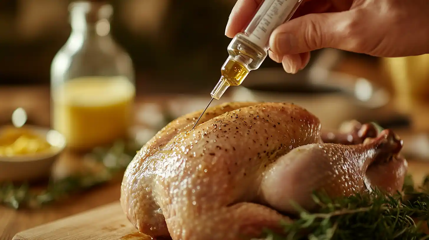 Close-up of a meat injector injecting marinade into a raw turkey.