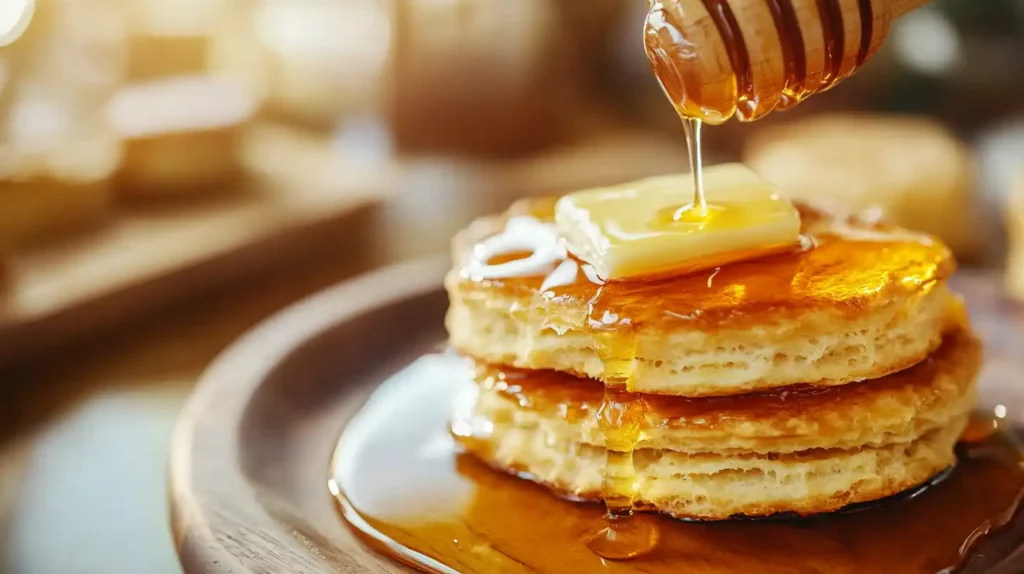 Perfect Biscuit Breakfast with honey and butter on a rustic plate
