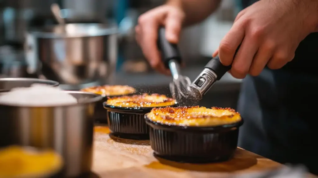 Crab Brulee Recipe: Step-by-Step Guide to Making the Best Crab Brulee 7 A chef torching the sugar on a crab brulee in a professional kitchen. Crab Brulee Recipe