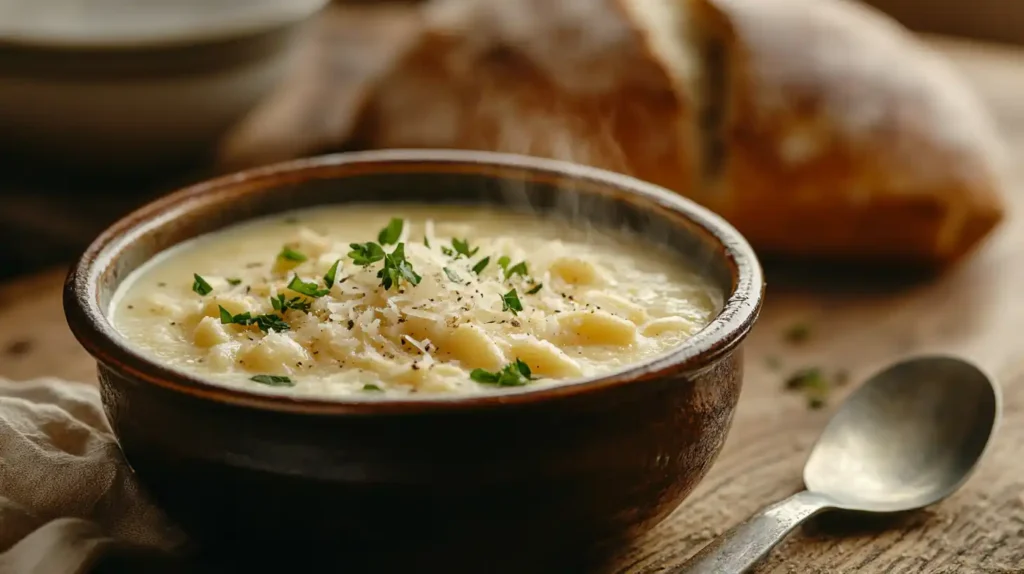 A steaming bowl of pastina soup garnished with Parmesan and parsley, served in a cozy kitchen setting.