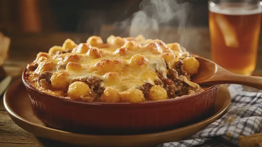 Freshly baked Cowboy Casserole with crispy tater tots and melted cheese, served in a rustic kitchen setting.